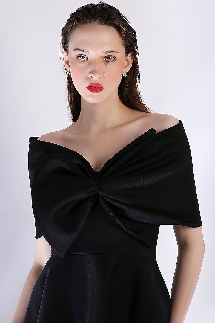 Black Neoprene Strapless High-Low Midi Vacation Dress With Bow Wrap by OZEQO at Pernia's Pop Up Shop