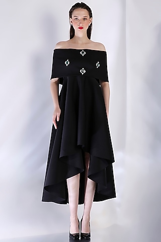 Black Neoprene Strapless High-Low Midi Dress With Embellished Wrap by OZEQO