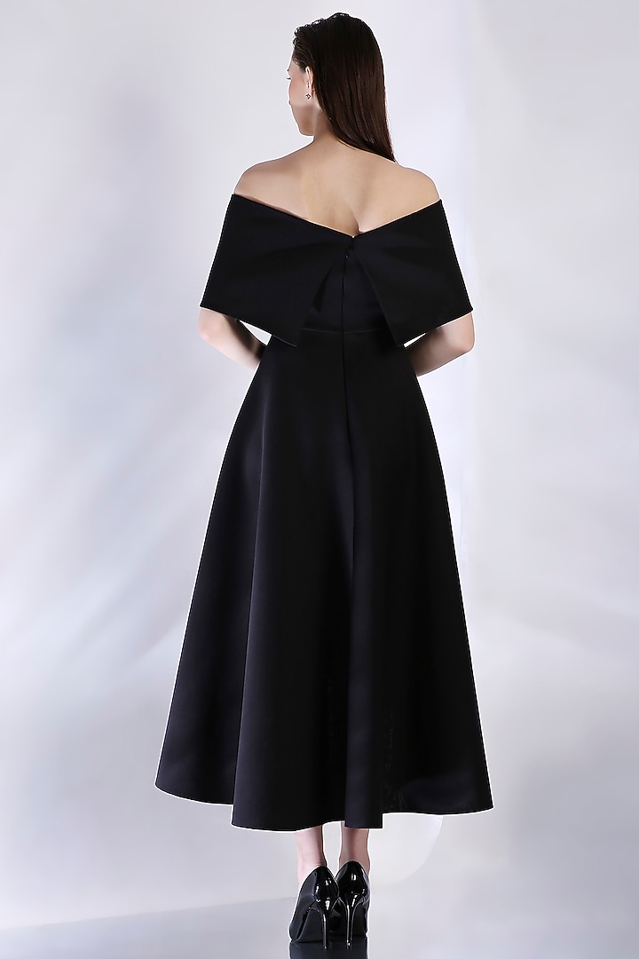 Black Neoprene Strapless High-Low Midi Vacation Dress With Embellished Wrap by OZEQO at Pernia's Pop Up Shop