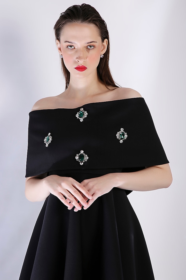 Black Neoprene Strapless High-Low Midi Vacation Dress With Embellished Wrap by OZEQO at Pernia's Pop Up Shop
