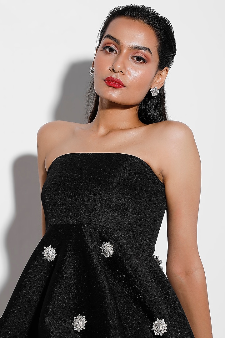Black Neoprene Strapless High-Low Mini Vacation Dress by OZEQO at Pernia's Pop Up Shop