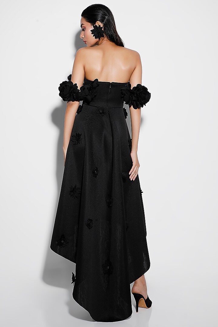 Black Neoprene High-Low Tube Mini Vacation Dress With Floral Straps by OZEQO at Pernia's Pop Up Shop