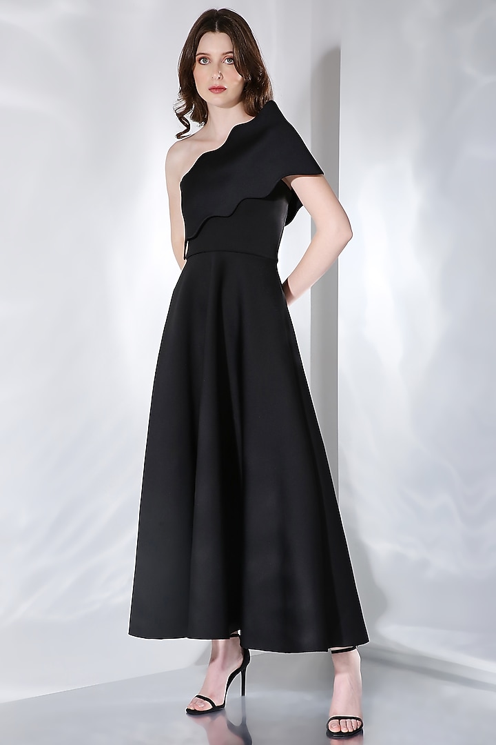 Black Neoprene Flared Maxi Summer Dress With Wrap by OZEQO at Pernia's Pop Up Shop