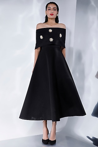 Black Neoprene Flared Midi Dress With Embellished Wrap by OZEQO
