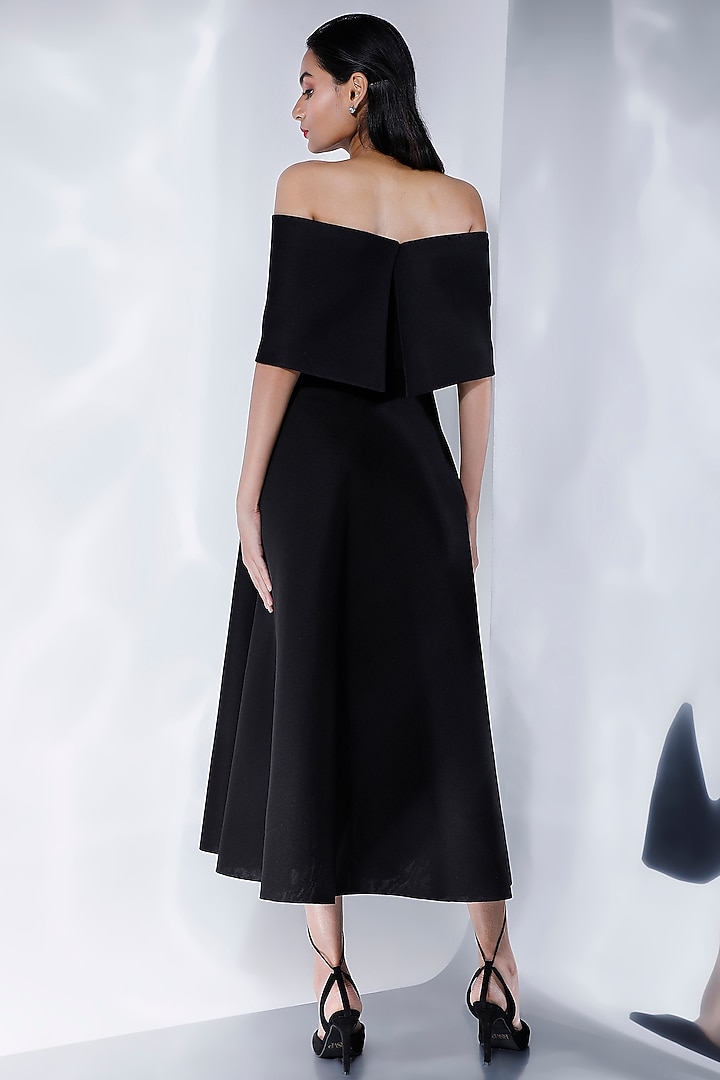 Black Neoprene Flared Midi Vacation Dress With Embellished Wrap by OZEQO at Pernia's Pop Up Shop