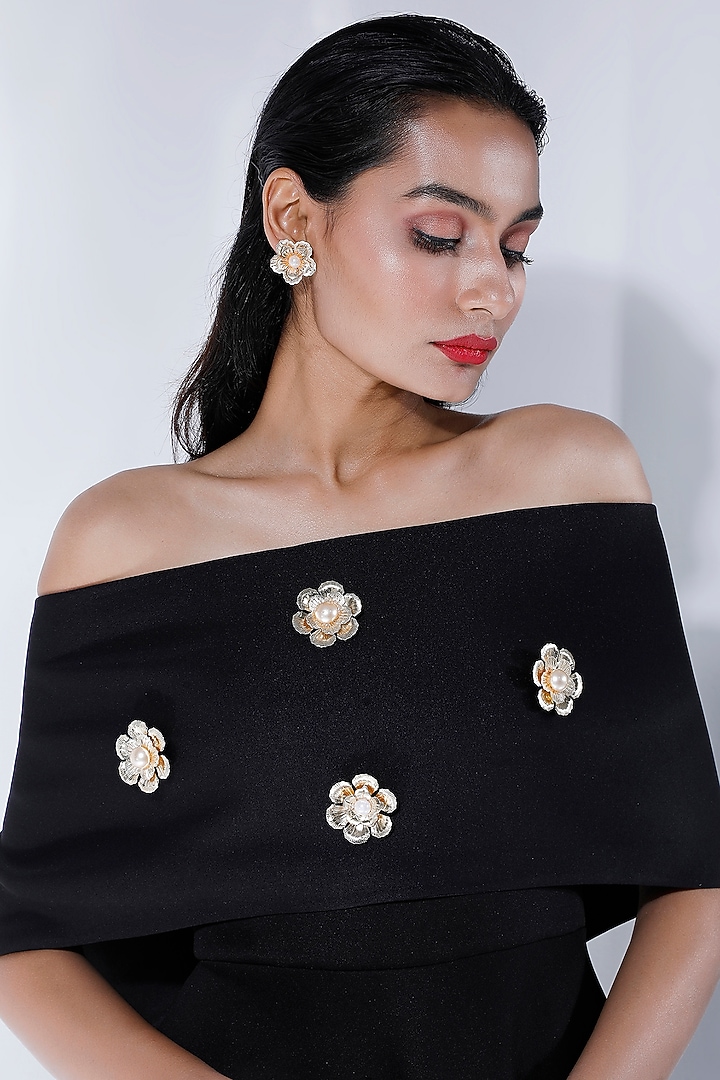 Black Neoprene Flared Midi Vacation Dress With Embellished Wrap by OZEQO at Pernia's Pop Up Shop