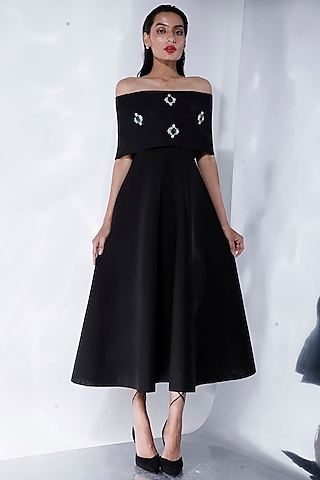 Black Neoprene Flared Midi Dress With Embellished Wrap by OZEQO