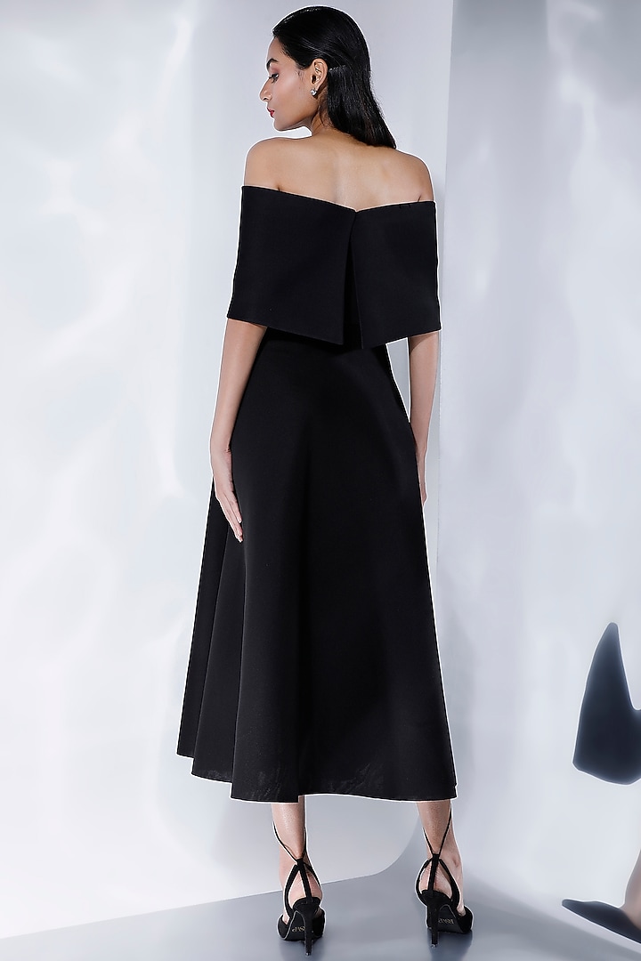 Black Neoprene Flared Midi Vacation Dress With Embellished Wrap by OZEQO at Pernia's Pop Up Shop