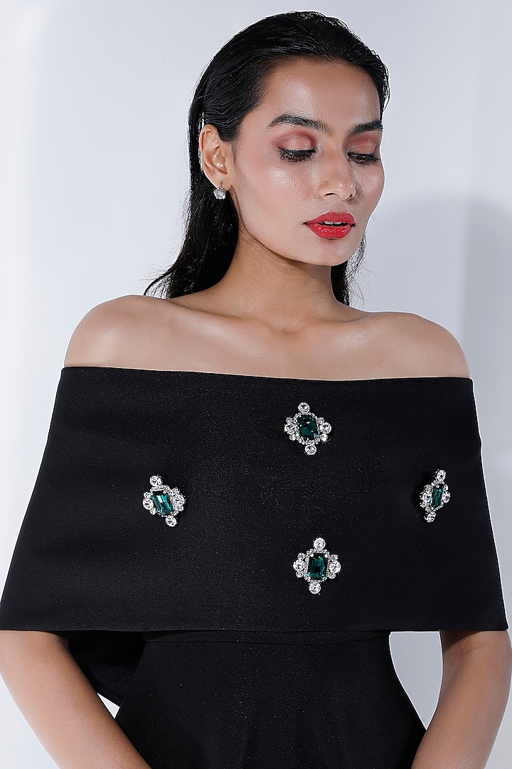 Black Neoprene Flared Midi Vacation Dress With Embellished Wrap by OZEQO at Pernia's Pop Up Shop