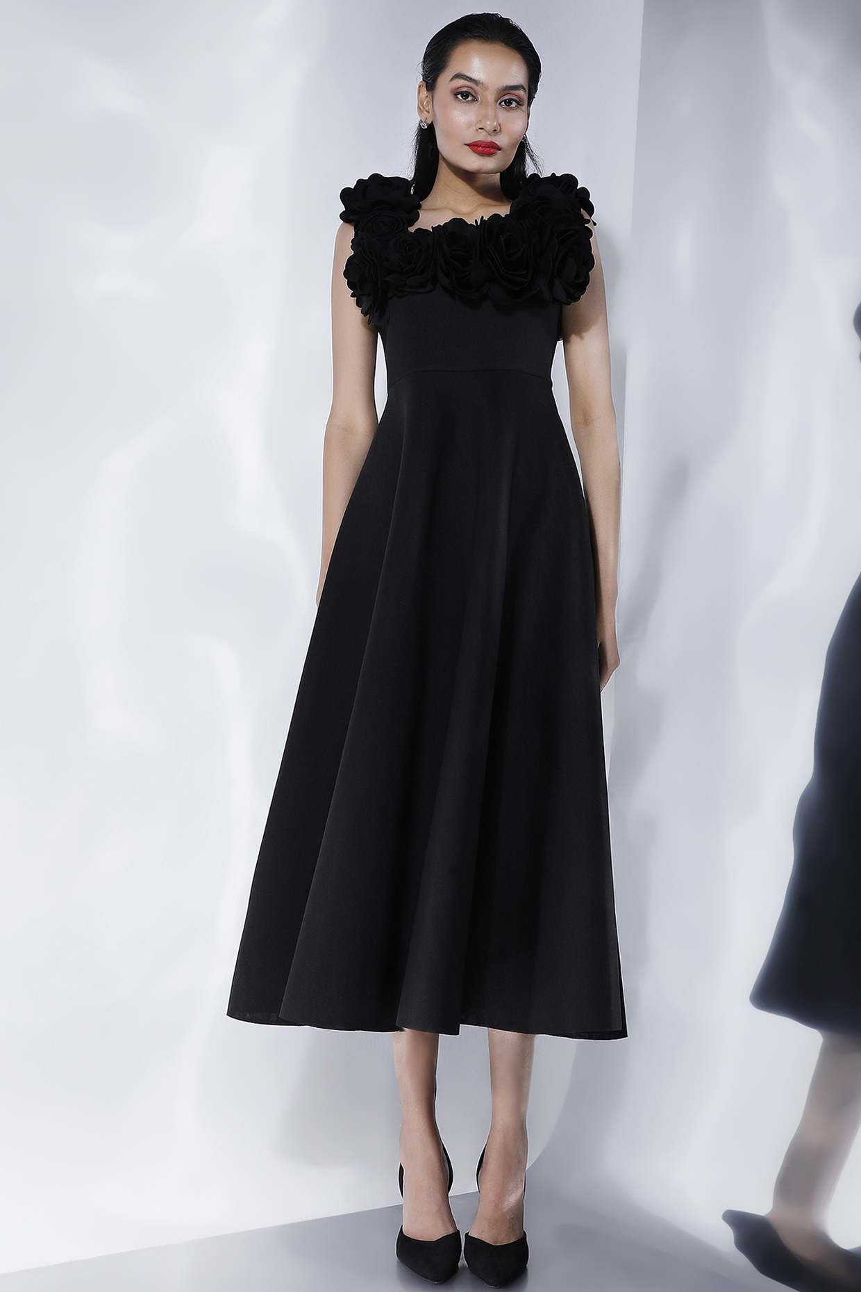 Black Neoprene Hand Embroidered Midi Dress With Floral Straps by OZEQO at Pernia's Pop Up Shop