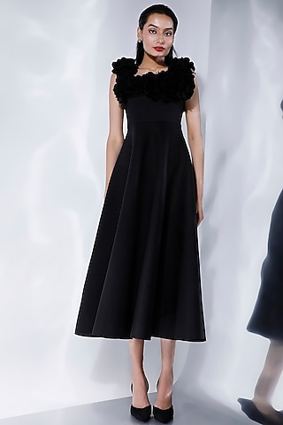 Black Neoprene Hand Embroidered Midi Dress With Floral Straps by OZEQO
