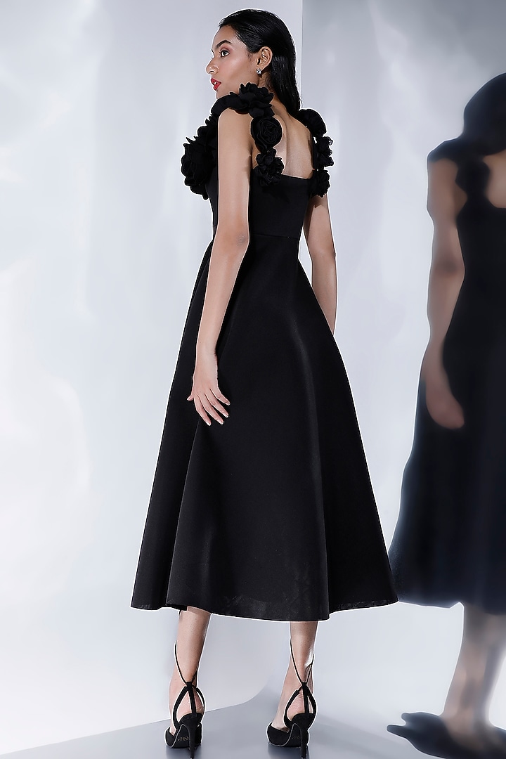 Black Neoprene Hand Embroidered Midi Vacation Dress With Floral Straps by OZEQO at Pernia's Pop Up Shop