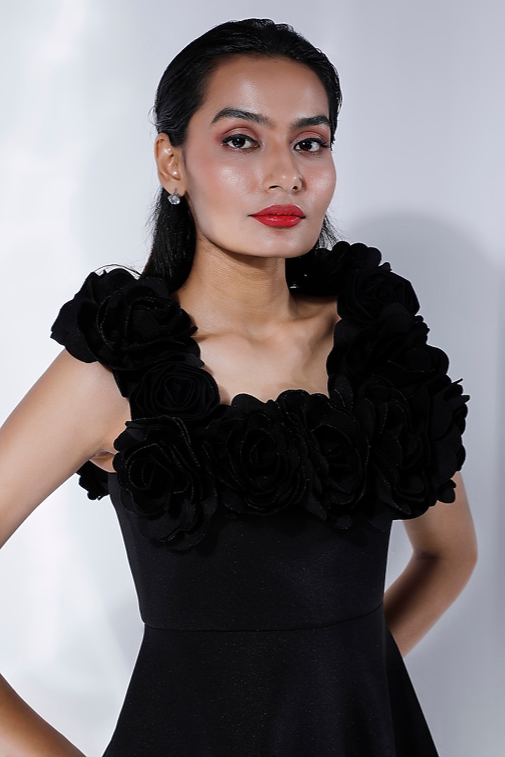 Black Neoprene Hand Embroidered Midi Vacation Dress With Floral Straps by OZEQO at Pernia's Pop Up Shop