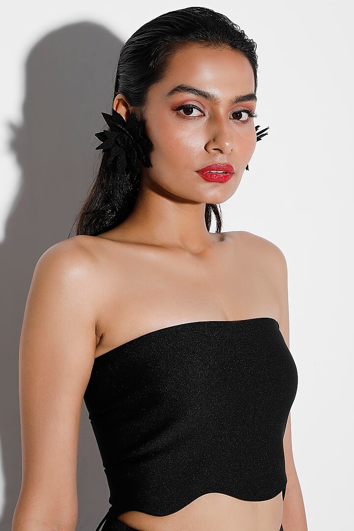 Black Neoprene Hand Embroidered Skirt Set by OZEQO at Pernia's Pop Up Shop