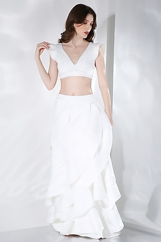 White Neoprene Ruffled Skirt Set by OZEQO