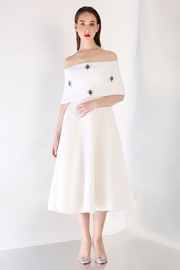 White Neoprene Midi Vacation Dress With Wrap by OZEQO at Pernia's Pop Up Shop