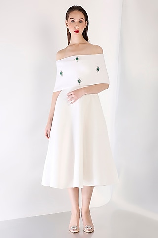 White Neoprene Midi Dress With Wrap by OZEQO