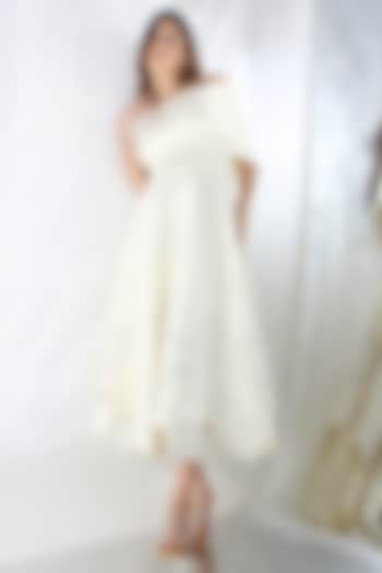 White Neoprene Floral Embroidered Midi Vacation Dress With Wrap by OZEQO at Pernia's Pop Up Shop