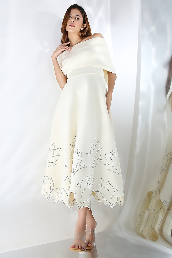 White Neoprene Floral Embroidered Midi Vacation Dress With Wrap by OZEQO at Pernia's Pop Up Shop