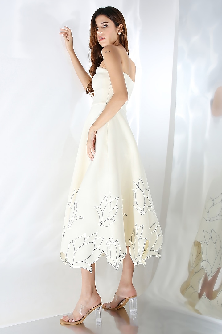 White Neoprene Floral Embroidered Midi Vacation Dress With Wrap by OZEQO at Pernia's Pop Up Shop