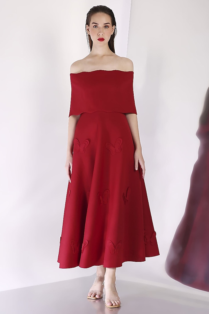 Maroon Neoprene Butterfly Applique Vacation Dress by OZEQO at Pernia's Pop Up Shop