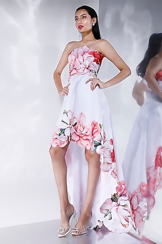 Off-White Neoprene Floral Printed High-Low Dress With Wrap by OZEQO