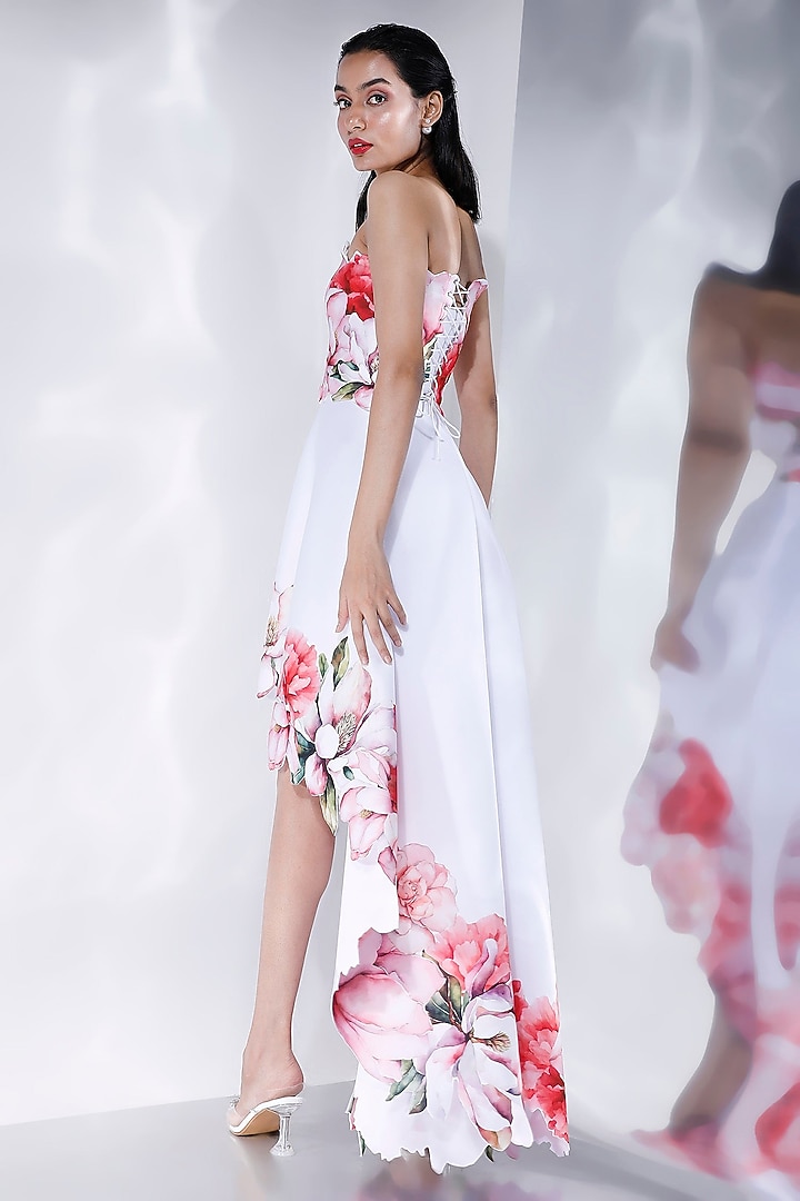 Off-White Neoprene Floral Printed High-Low Vacation Dress With Wrap by OZEQO at Pernia's Pop Up Shop