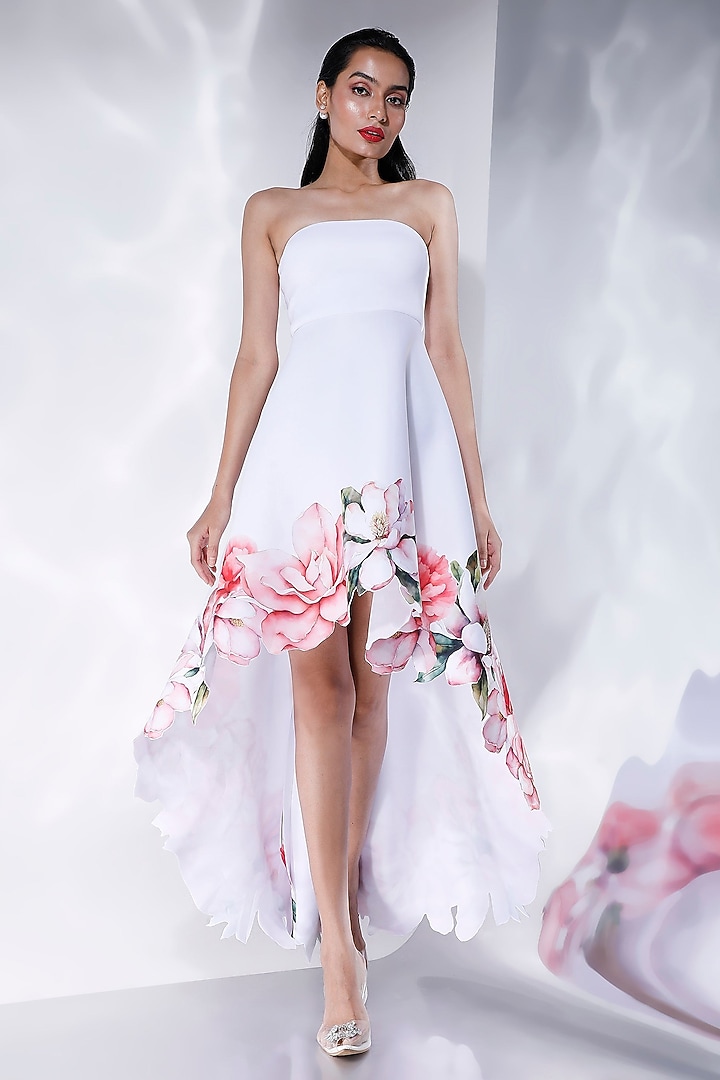 Off-White Neoprene Floral Printed High-Low Vacation Dress With Wrap by OZEQO at Pernia's Pop Up Shop