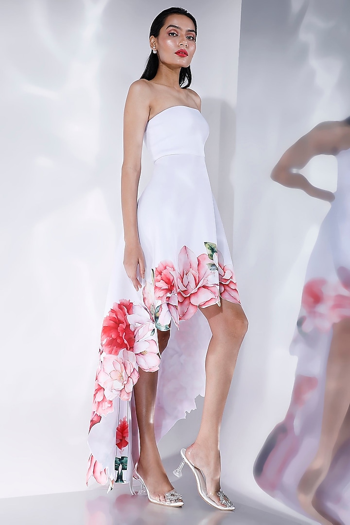 Off-White Neoprene Floral Printed High-Low Vacation Dress With Wrap by OZEQO at Pernia's Pop Up Shop