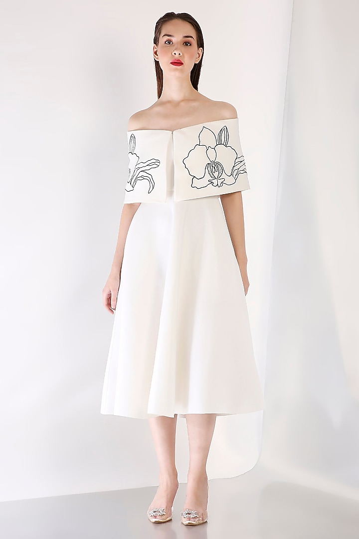 White Neoprene Strapless Midi Vacation Dress by OZEQO at Pernia's Pop Up Shop