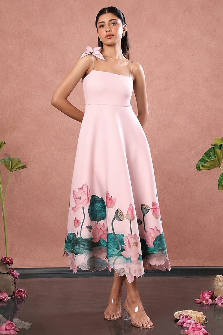 Blush Pink Neoprene A-Line Midi Summer Dress by OZEQO at Pernia's Pop Up Shop