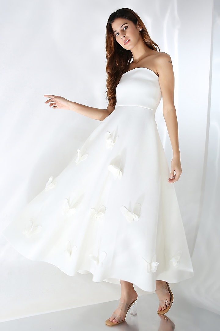 White Neoprene Flared Vacation Dress by OZEQO at Pernia's Pop Up Shop