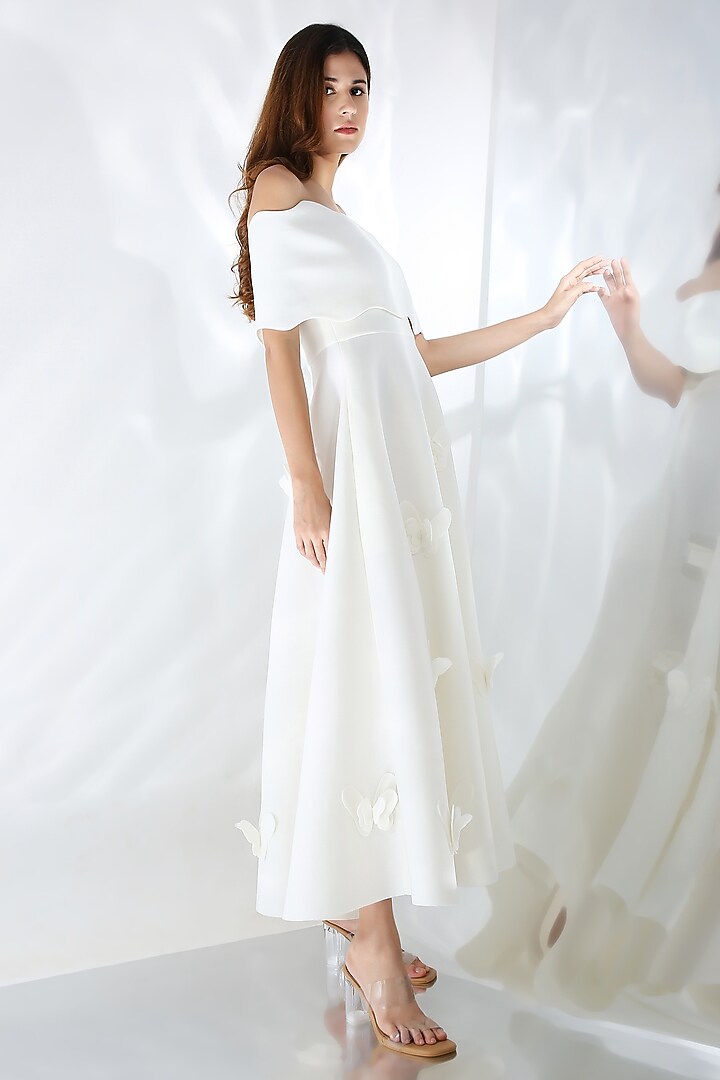 White Neoprene Flared Vacation Dress by OZEQO at Pernia's Pop Up Shop