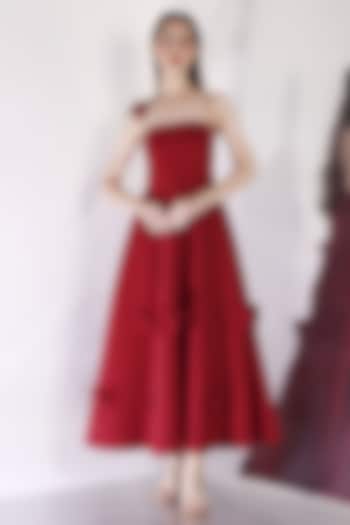Red Neoprene 3D Bow Applique Midi Summer Dress by OZEQO at Pernia's Pop Up Shop