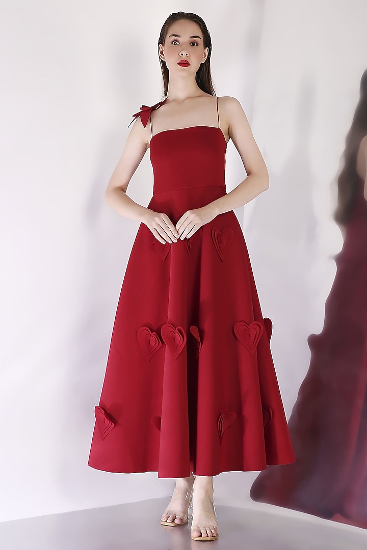 Red Neoprene 3D Bow Applique Midi Summer Dress by OZEQO at Pernia's Pop Up Shop