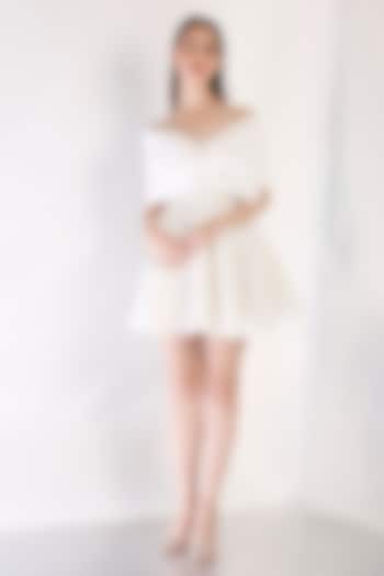 Ivory Neoprene Flared Mini Summer Dress With Wrap by OZEQO at Pernia's Pop Up Shop