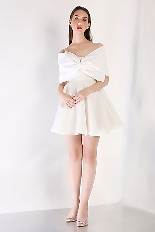 Ivory Neoprene Flared Mini Dress With Wrap by OZEQO