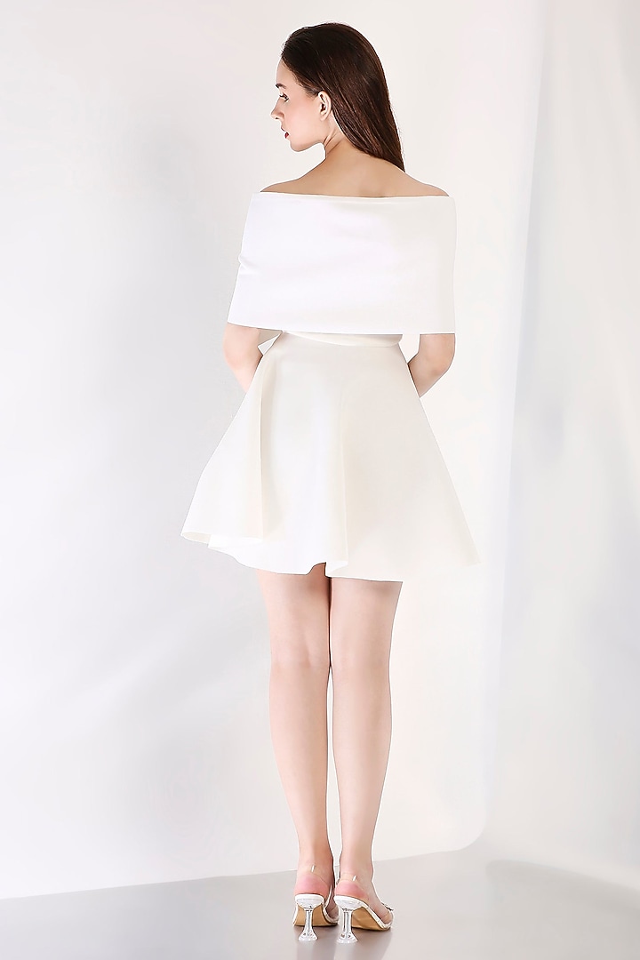Ivory Neoprene Flared Mini Summer Dress With Wrap by OZEQO at Pernia's Pop Up Shop