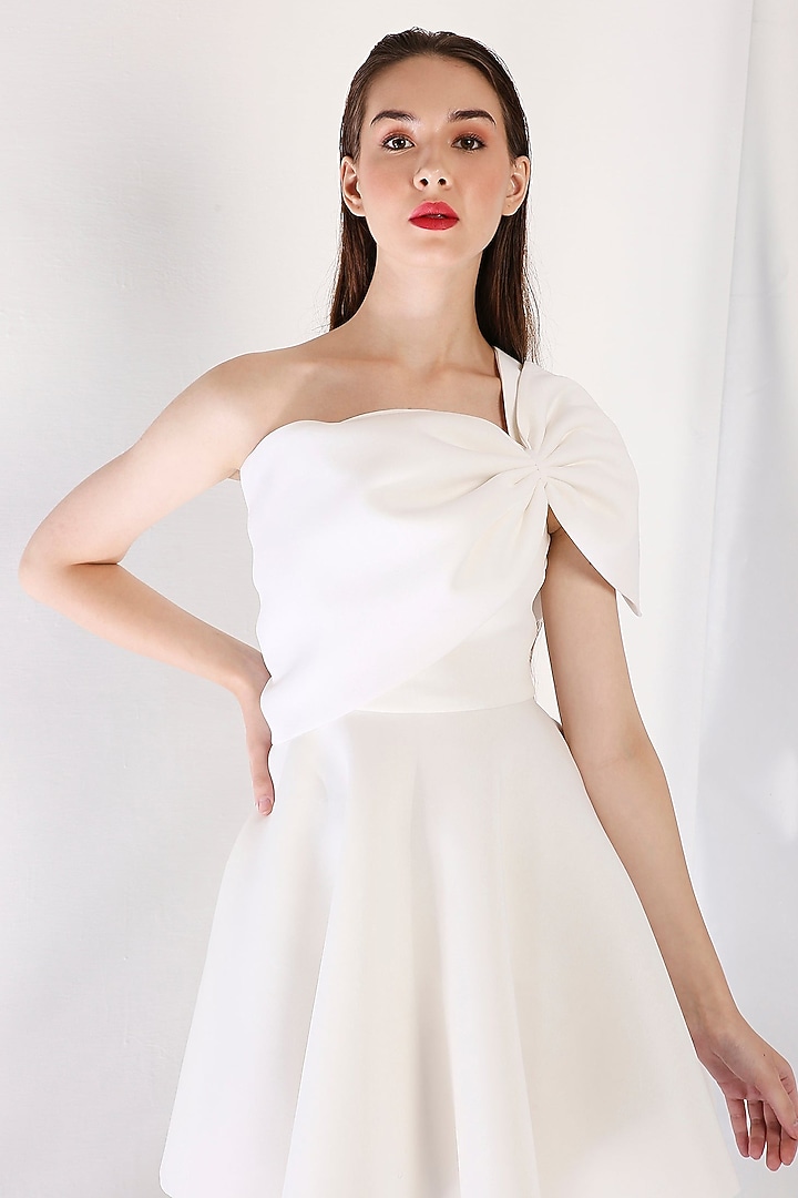 Ivory Neoprene Flared Mini Summer Dress With Wrap by OZEQO at Pernia's Pop Up Shop