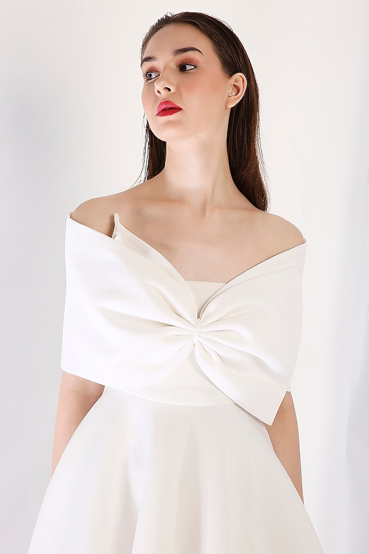 Ivory Neoprene Flared Mini Summer Dress With Wrap by OZEQO at Pernia's Pop Up Shop