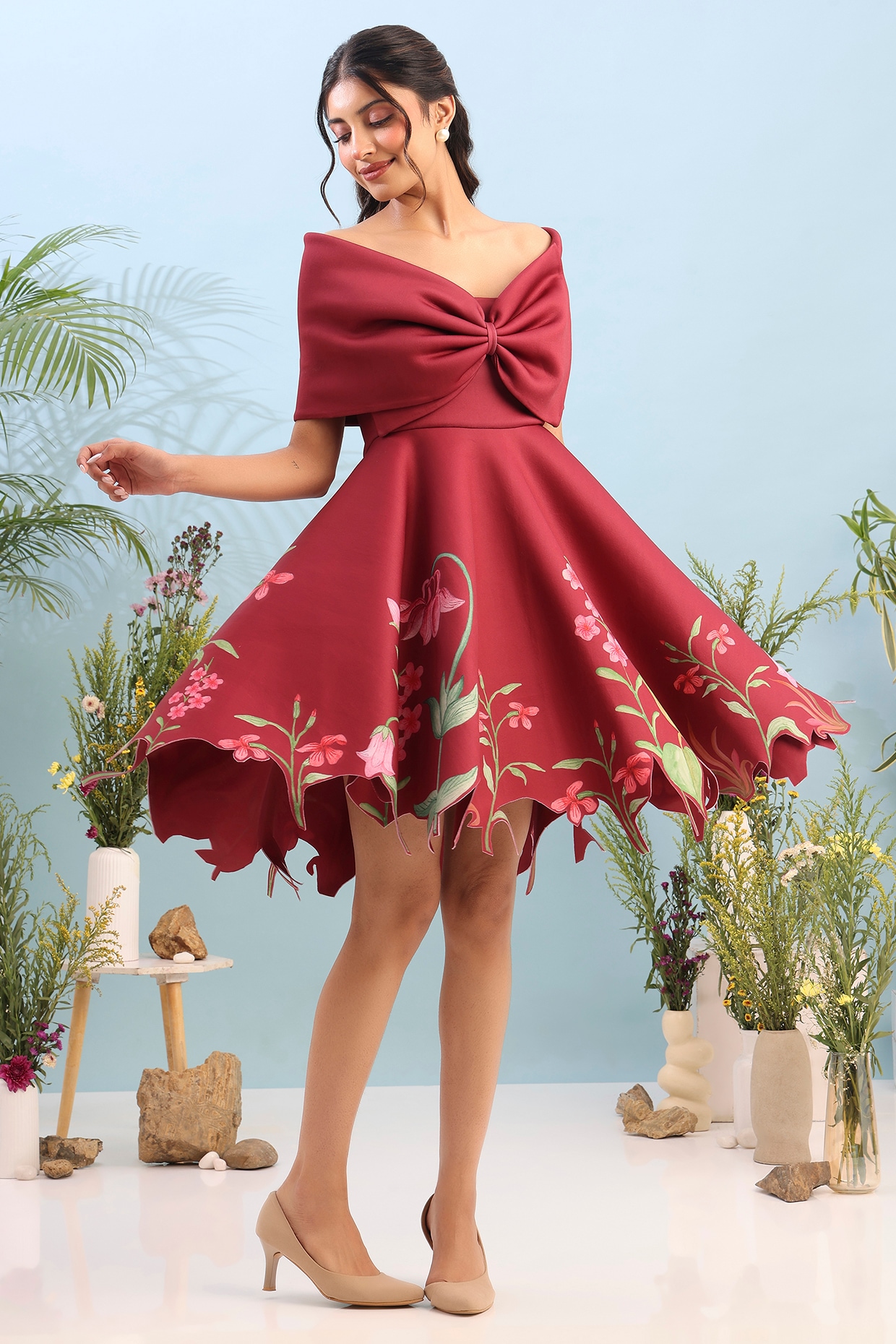 OZEQO Red Neoprene Floral Printed Mini Dress