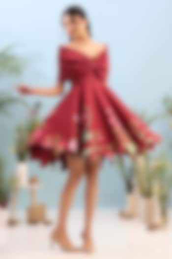Red Neoprene Floral Printed Mini Vacation Dress by OZEQO at Pernia's Pop Up Shop