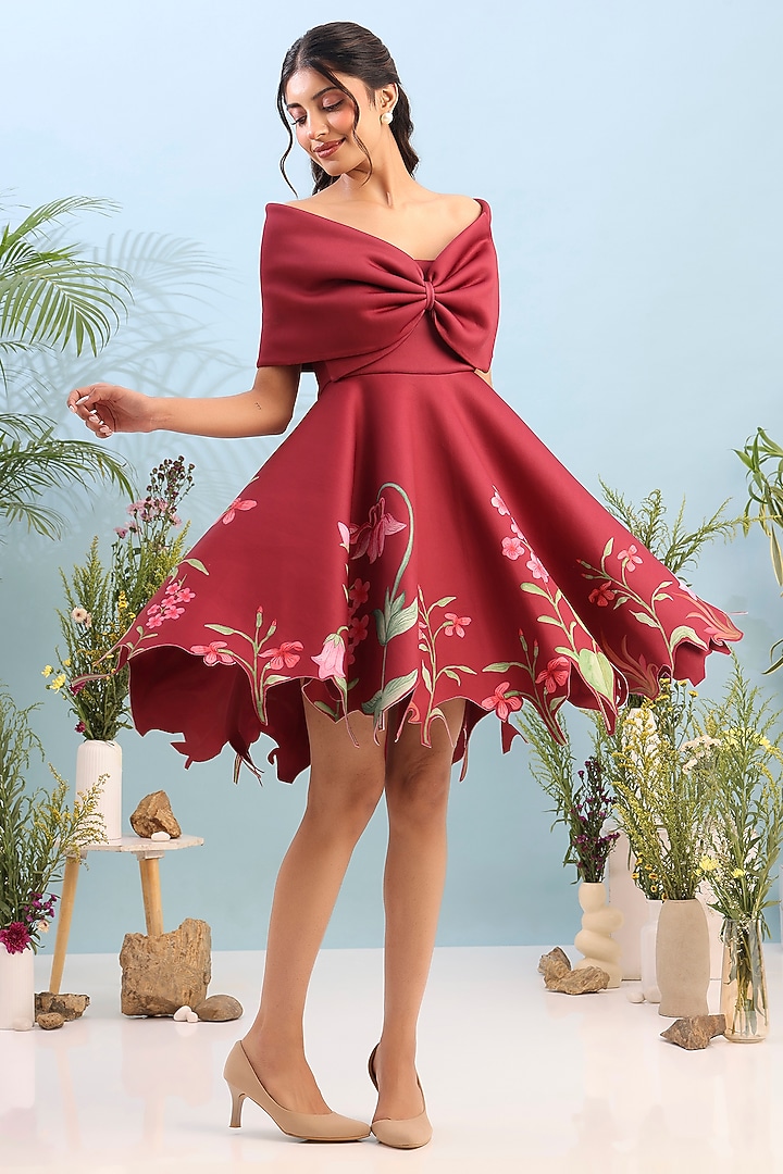 Red Neoprene Floral Printed Mini Vacation Dress by OZEQO at Pernia's Pop Up Shop