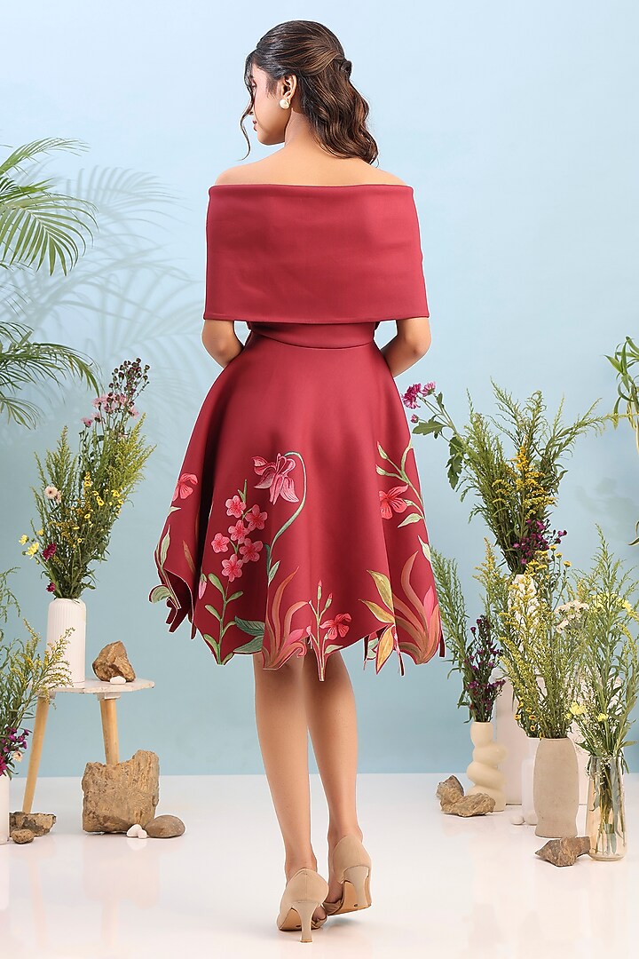 Red Neoprene Floral Printed Mini Vacation Dress by OZEQO at Pernia's Pop Up Shop