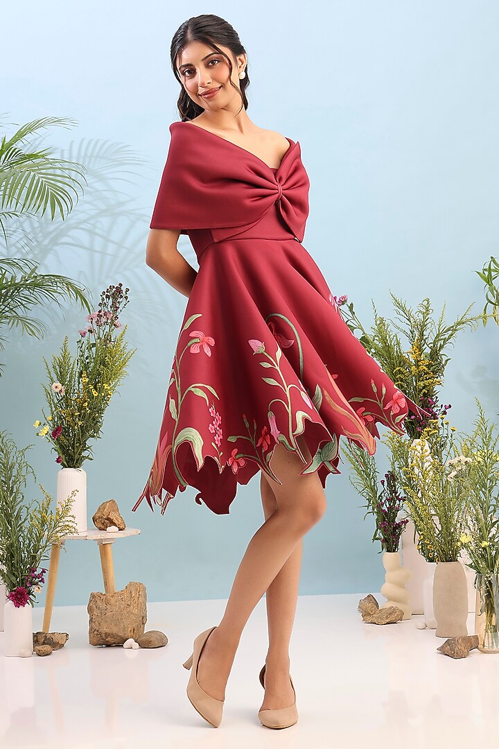 Red Neoprene Floral Printed Mini Vacation Dress by OZEQO at Pernia's Pop Up Shop