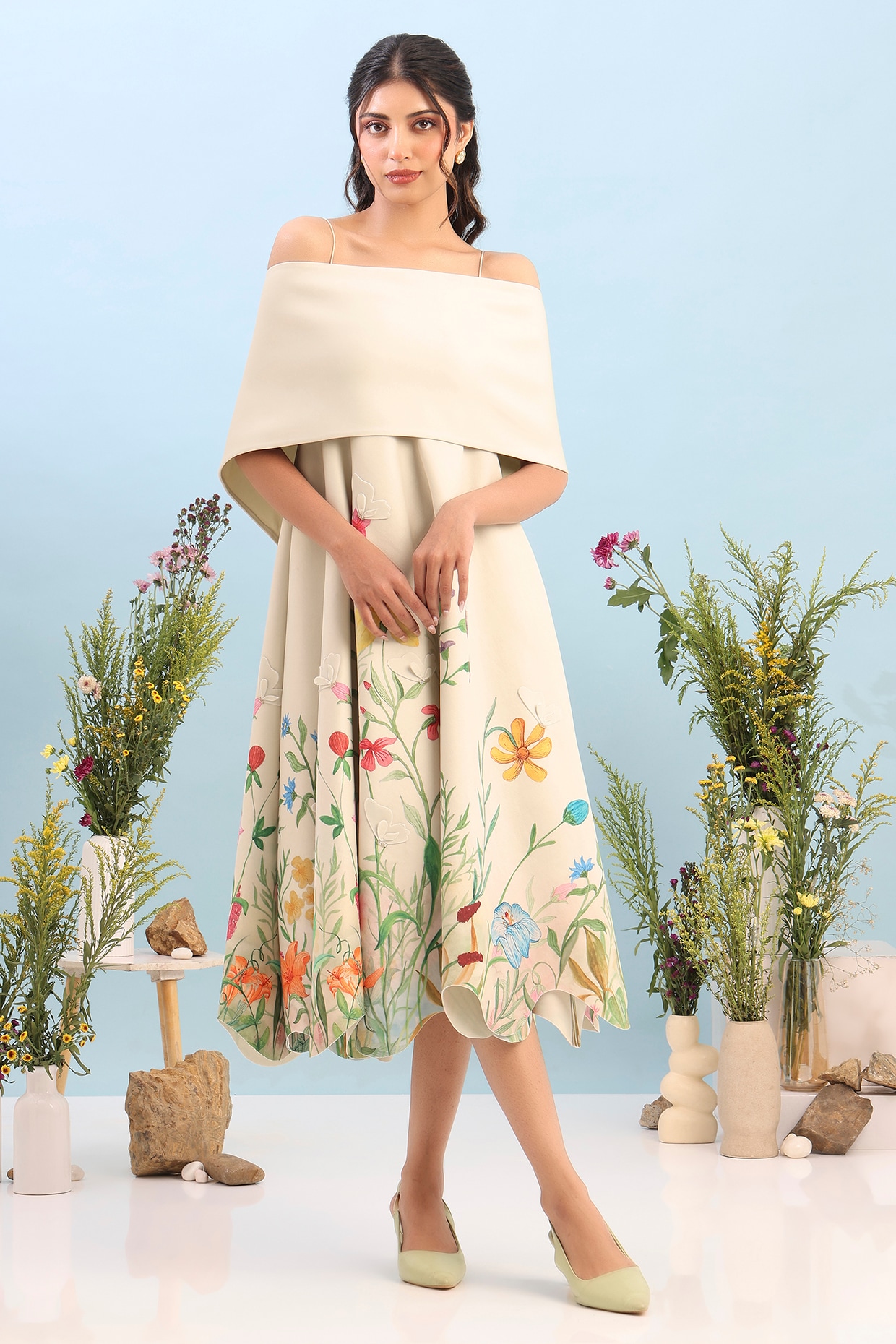 OZEQO Beige Neoprene Floral Printed Midi Dress