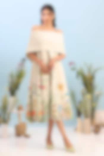Beige Neoprene Floral Printed Midi Vacation Dress by OZEQO at Pernia's Pop Up Shop