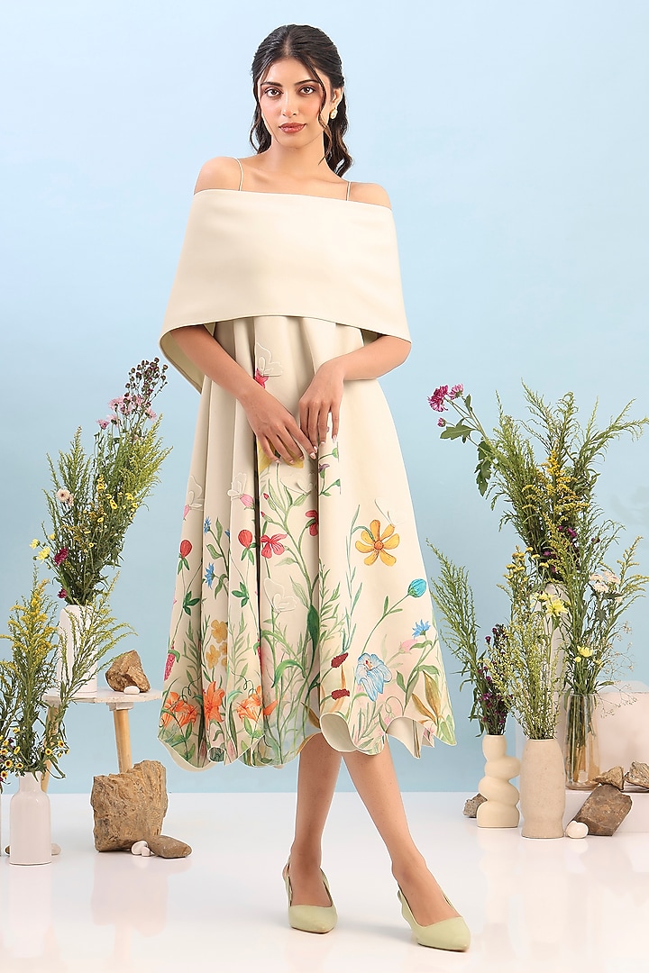 Beige Neoprene Floral Printed Midi Vacation Dress by OZEQO at Pernia's Pop Up Shop