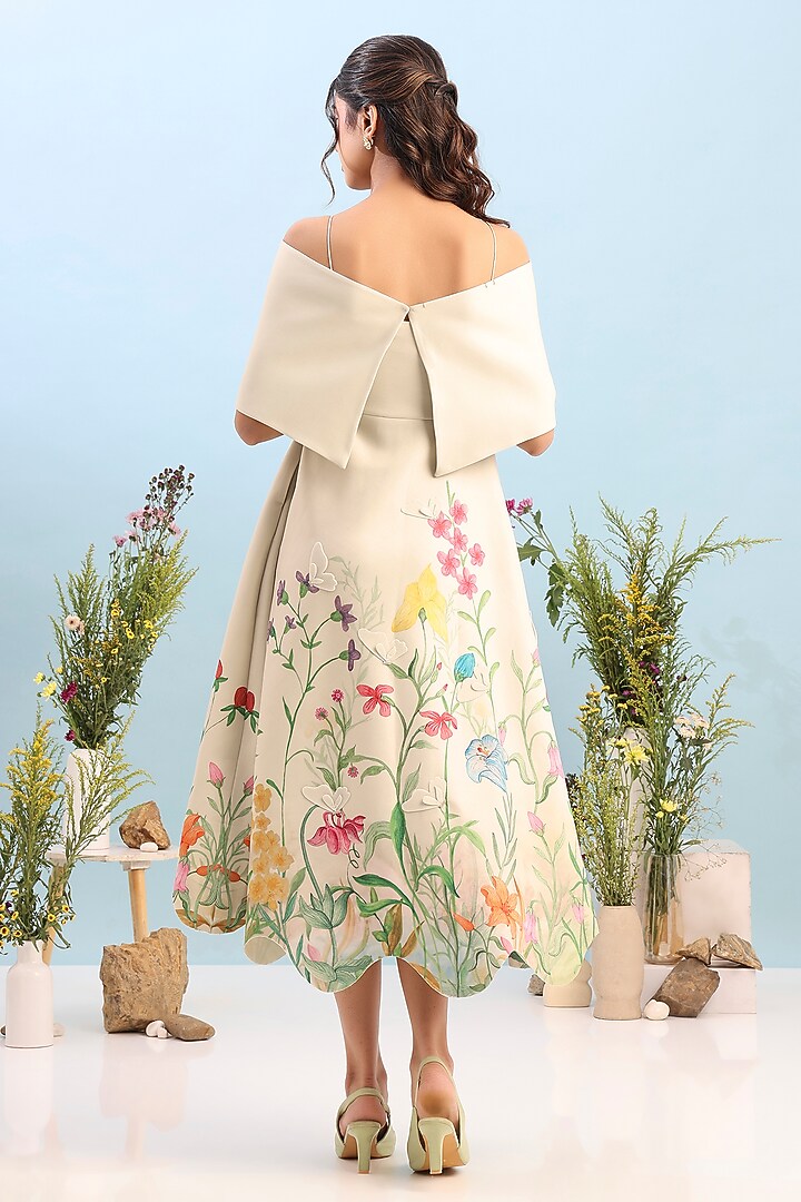 Beige Neoprene Floral Printed Midi Vacation Dress by OZEQO at Pernia's Pop Up Shop