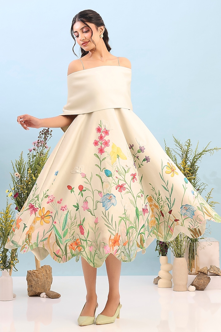 Beige Neoprene Floral Printed Midi Vacation Dress by OZEQO at Pernia's Pop Up Shop
